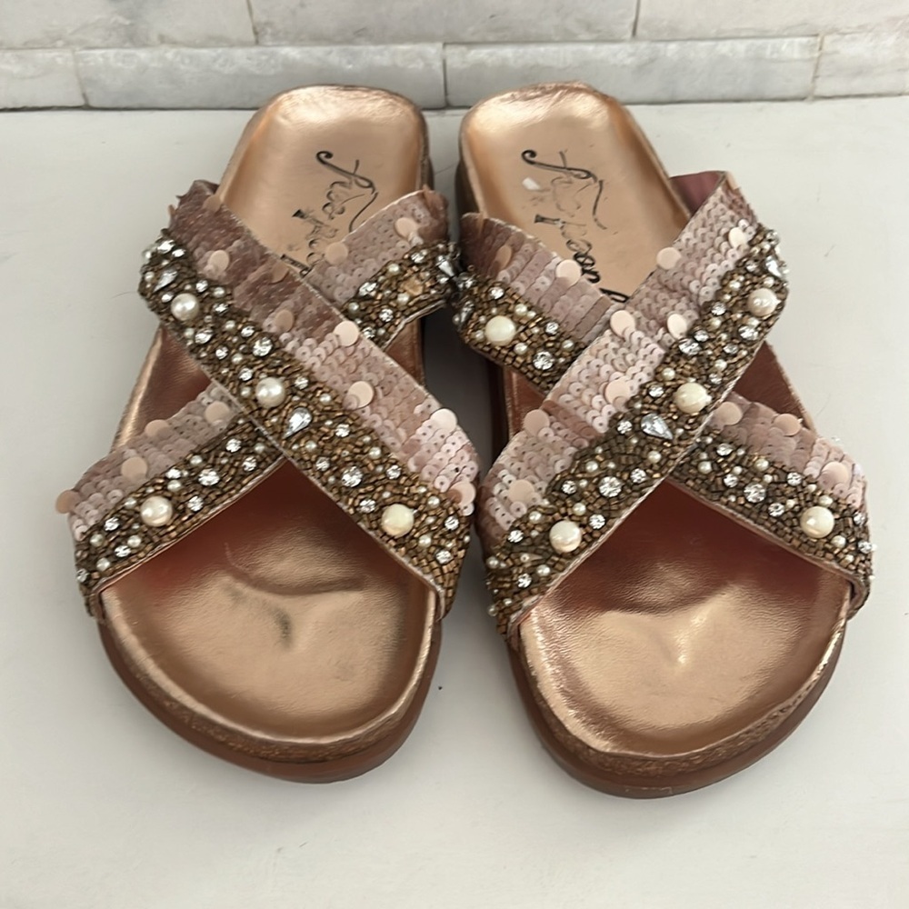 FREE PEOPLE Moon Child Embellished Slide Sandal In Rose Gold Beaded Size 40 - Picture 3 of 8